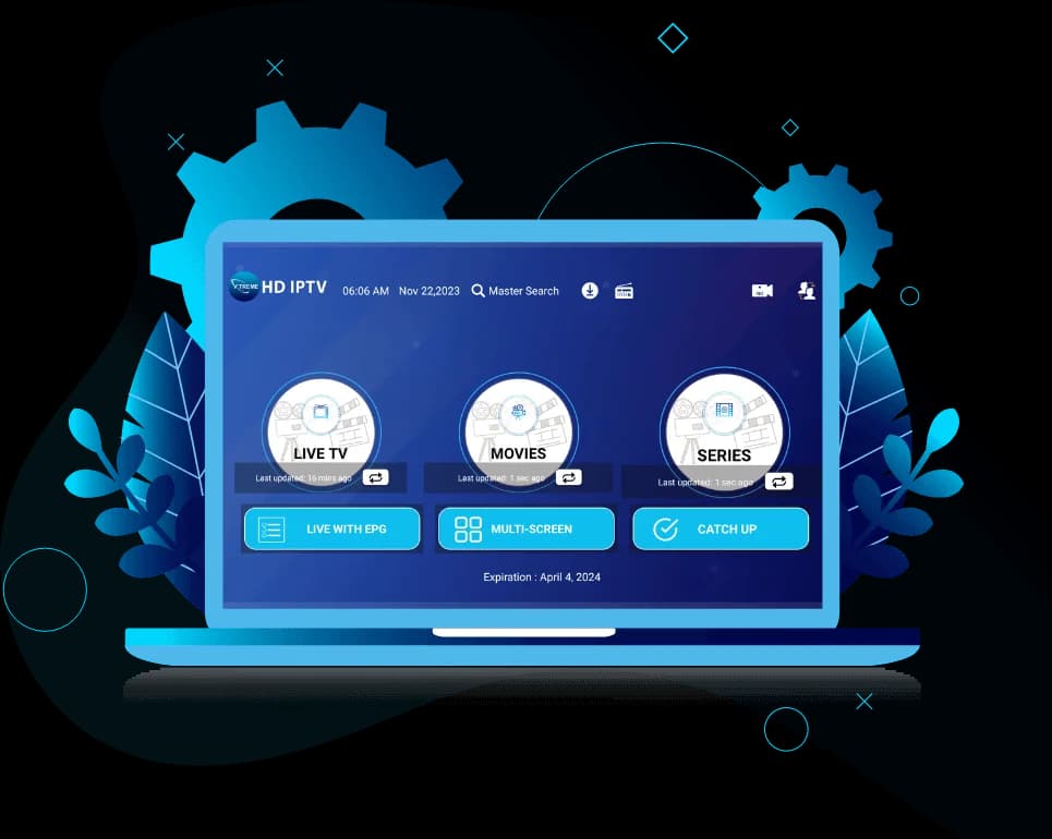 Xtreme HD IPTV application interface showing Live TV, Movies and Series on a laptop