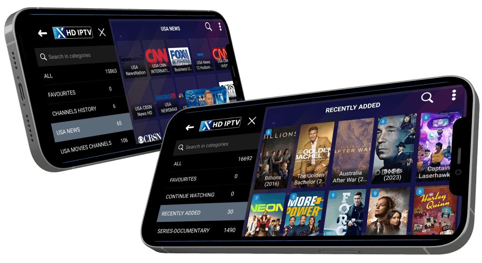 Xtreme HD IPTV app interface displayed on two mobile phones