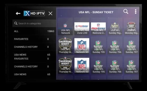 Xtreme HD IPTV channel list interface displayed on a Smart TV screen